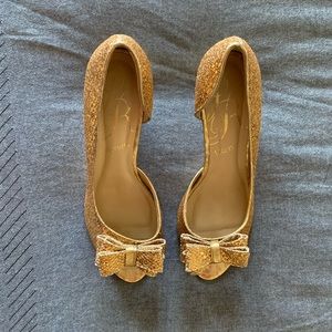 Gold glitter peep toe wedges